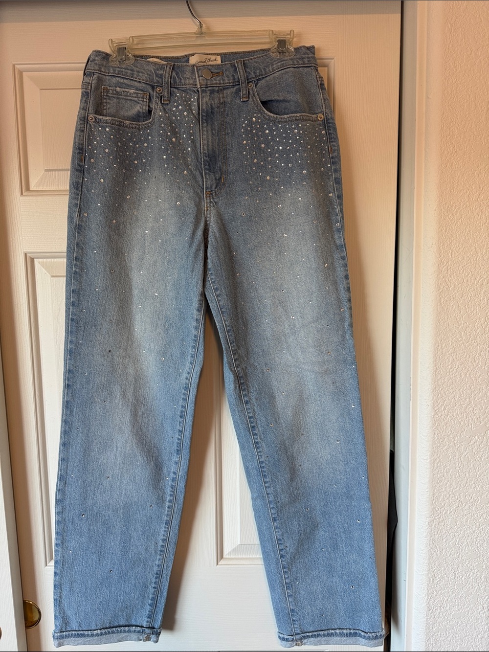 Universal Thread Light Blue Straight Leg Jeans with Rhinestone Accents